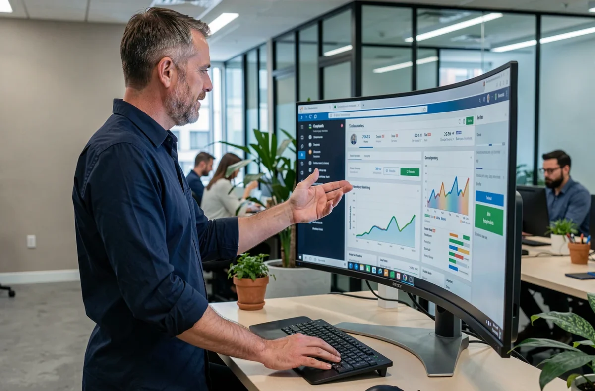 Professionnel consultant des ressources informatiques sur un grand écran dans un bureau en open space pour améliorer sa productivité numérique