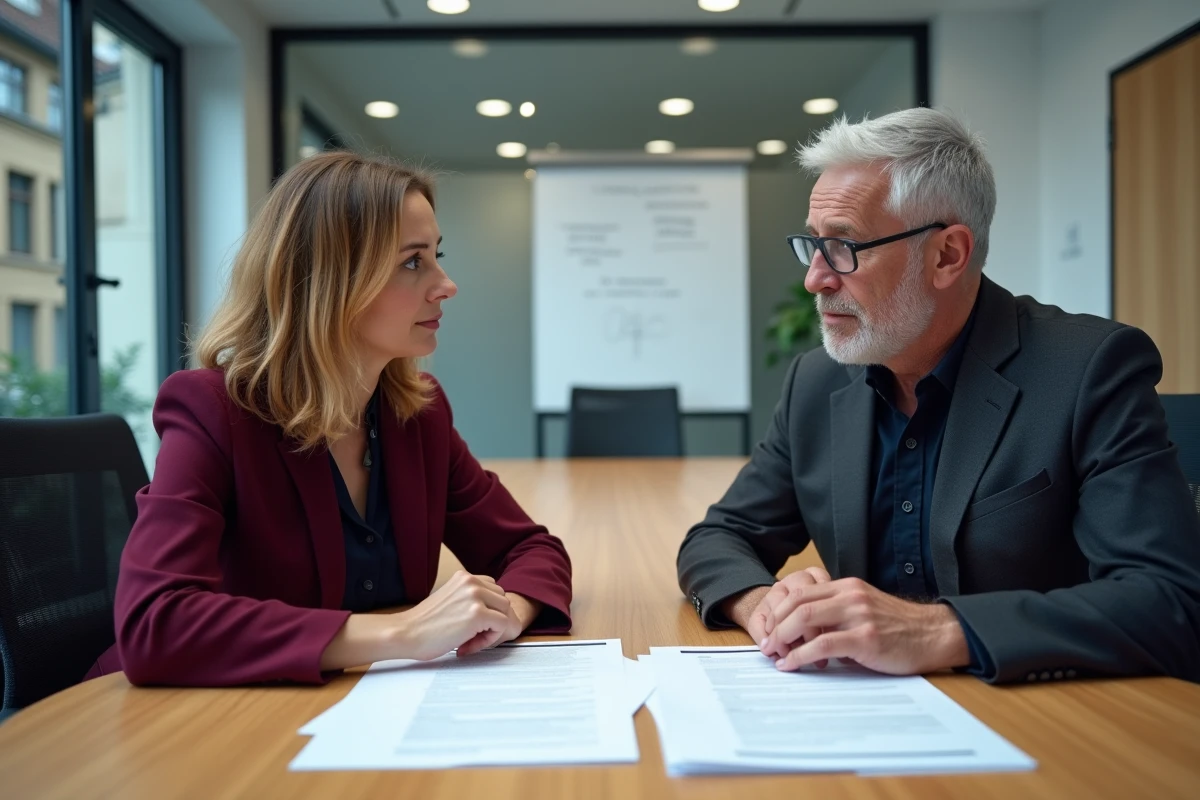 Deux professionnels français en réunion d'entreprise discutant du formulaire P2000 autour d'une table de conférence