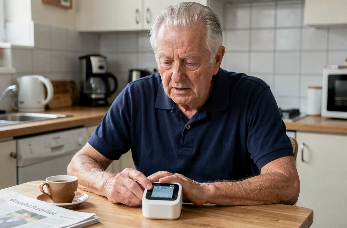 Homme âgé utilisant un dispositif de téléassistance posé sur une table de cuisine