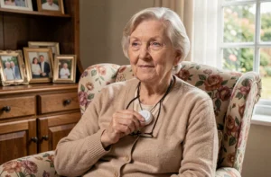 Senior femme appuyant sur un bouton de téléassistance autour du cou dans un salon confortable