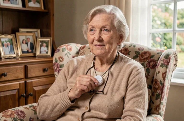 Senior femme appuyant sur un bouton de téléassistance autour du cou dans un salon confortable