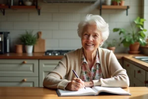 Seniore en cardigan écrivant dans un journal dans la cuisine
