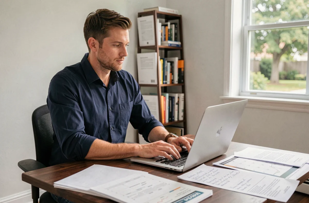 Stratège de contenu masculin travaillant sur la planification éditoriale d'un blog d'entreprise depuis son bureau à domicile