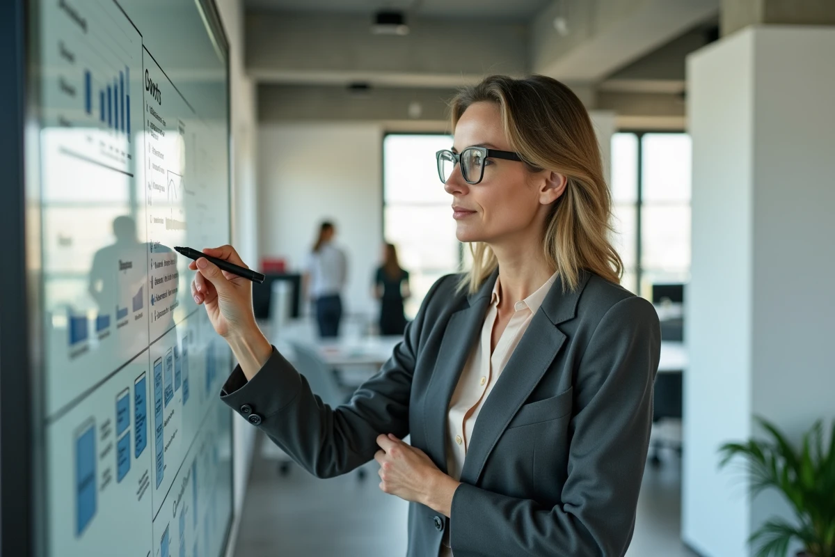 Femme cadre en blazer présentant une stratégie de croissance d'entreprise devant un tableau blanc dans un bureau moderne