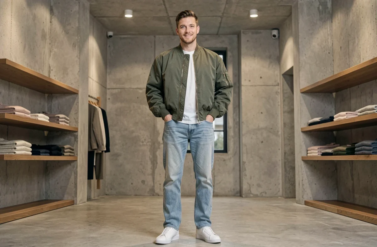 Homme en bomber kaki et jean clair posant dans une boutique de mode minimaliste avec des murs en béton brut