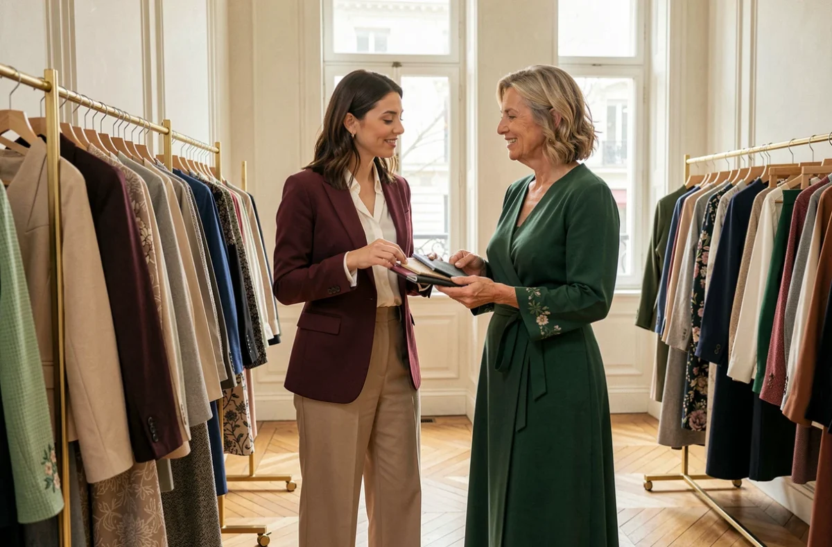 Deux femmes aux styles complémentaires découvrent les tendances mode de la saison dans une boutique parisienne chic