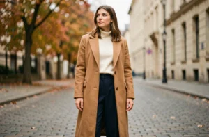 Femme élégante portant un manteau camel et un pantalon marine tendance automne sur une rue pavée européenne